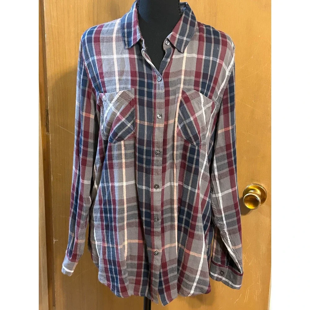 Lucky Brand Plaid Button Front Flannel Shirt Women's Large Gray Burgundy Blue - Picture 4 of 7